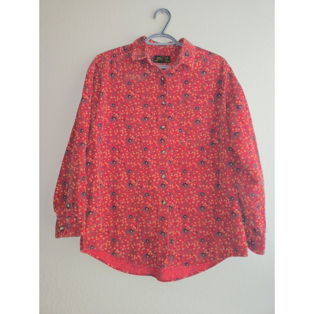 Vintage Eddie Bauer Corduroy Shirt Womens Medium Red Floral Button Up Long Sleev